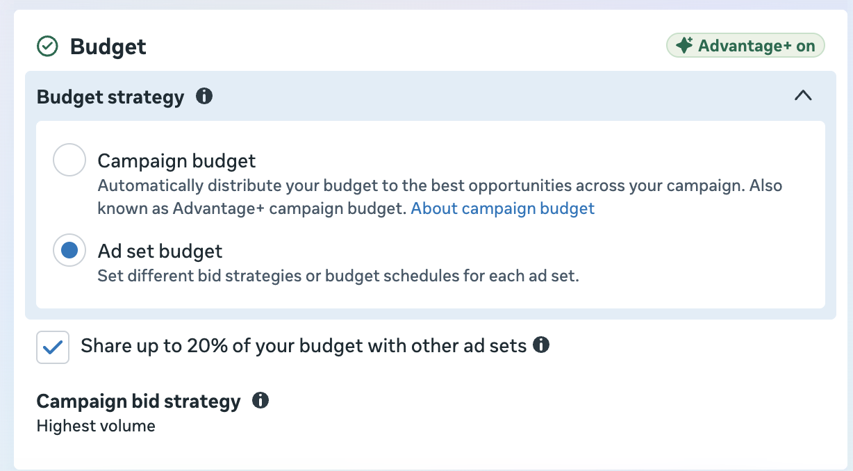 Meta Ads Manager budget strategy screen with ad set budget selected