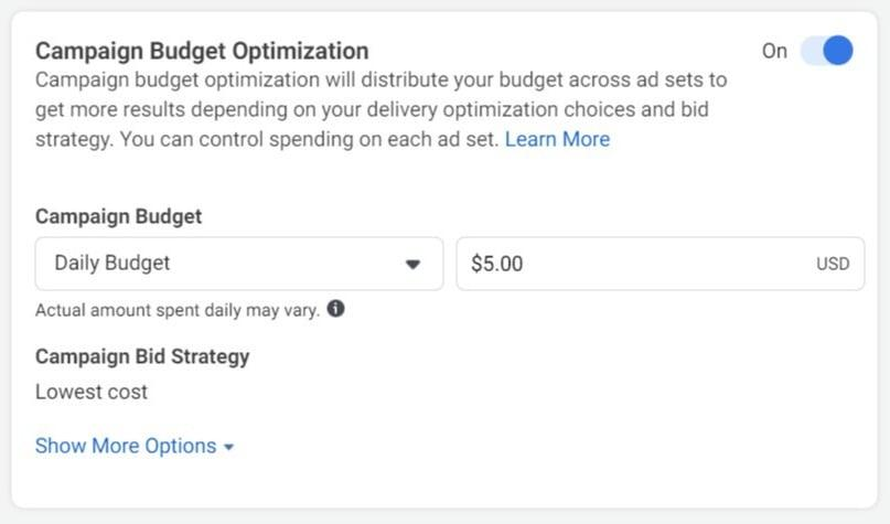 Meta Ads Manager campaign budget optimisation setting switched on